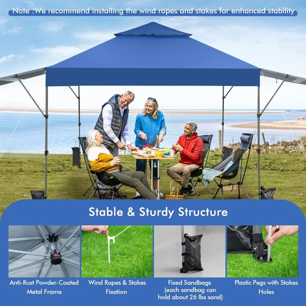 10x17.6 Ft Pop Up Canopy with Adjustable Dual Awnings,with 8 Stakes, 4 Ropes, 4 Sand Bags, Wheeled, 2 Tier Outdoor Canopy Tent