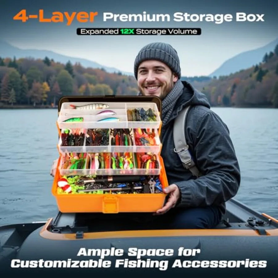 Large 4Layer Tackle Box with 547Pcs Fishing Lures Kit Including Pliers Crankbaits Hooks Weights Accessories for Freshwater Bass