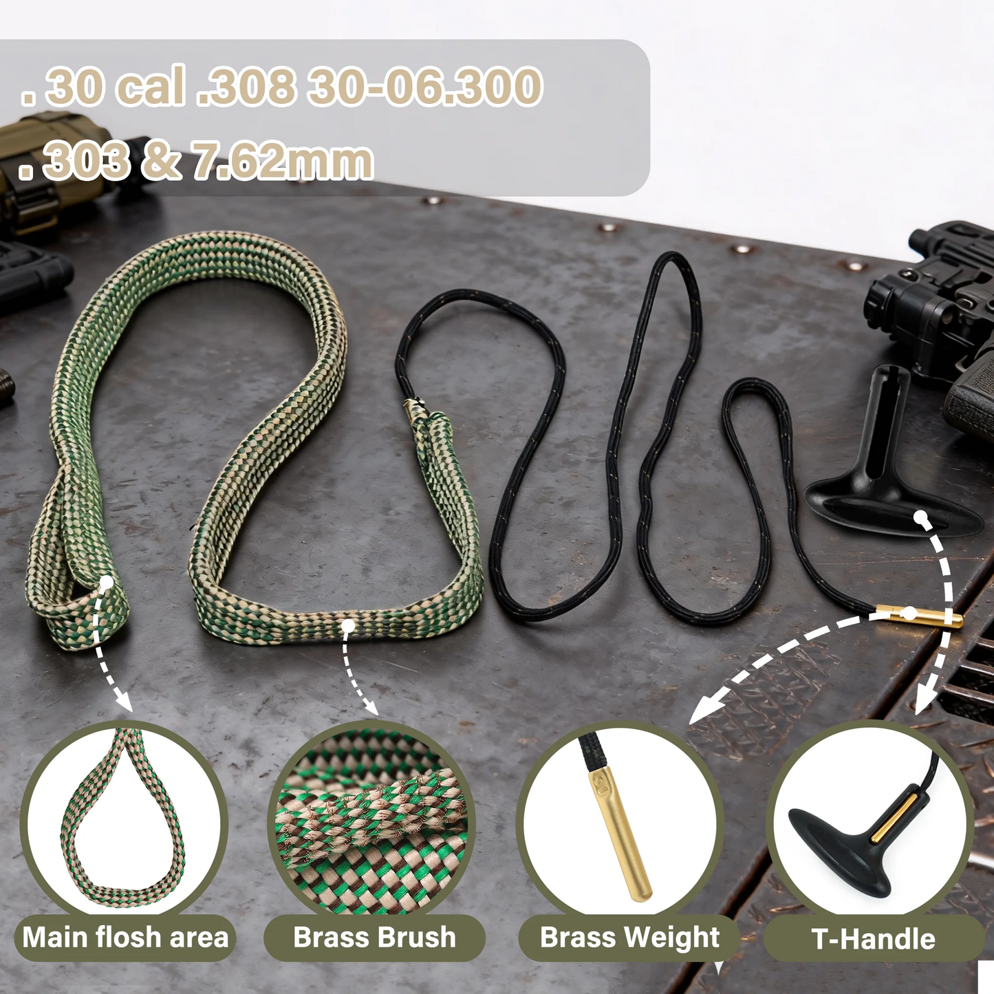 Gun Bore Rope Brush Cleaner Rifle Barrel Caliber Snakes Rope For 12GA 9mm 7.62mm 5.56mm .223 .22 .38 .30 .308 Cal Rifle
