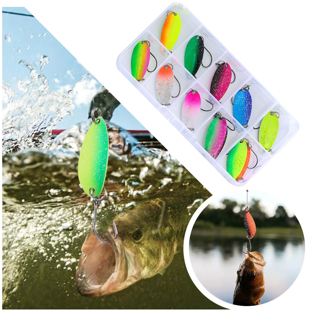 12Pcs Spinner Spoon Fake Trout Bait with Single Hook Sequins Hard Bait Colored Spinner Fishing Lure for Freshwater Saltwater