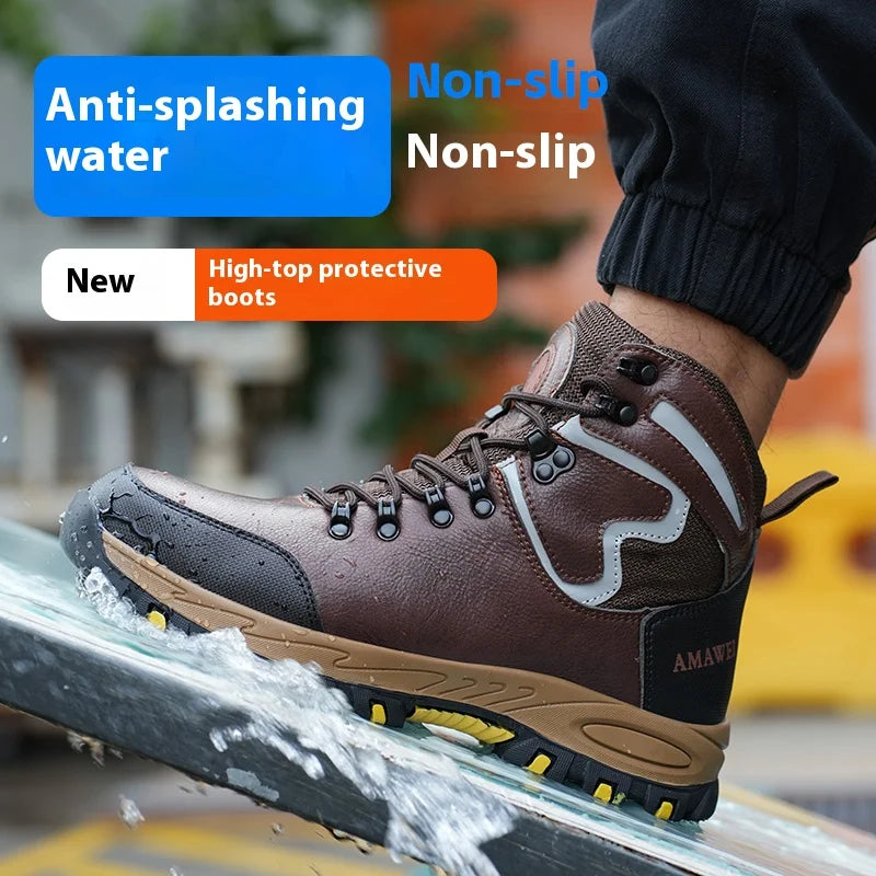 Waterpoof Leather Safety Shoes Men Steel Toe Work Shoes Anti-smash Anti-puncture Indestructible Shoes Protective Boots