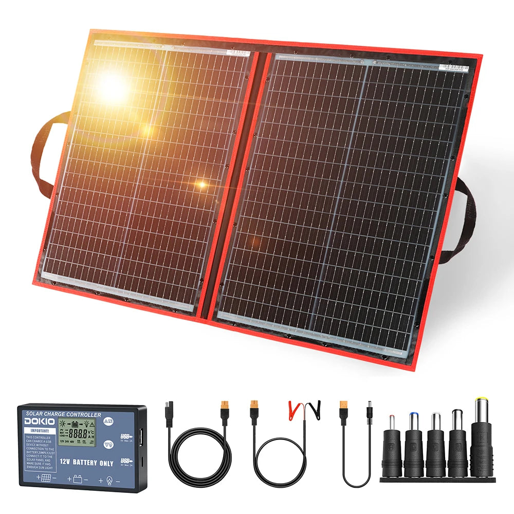 Dokio 100/160/200/300W Portable Flexible Foldable 18V Solar Panel with 12V Controller Kit for Camping Battery Charging