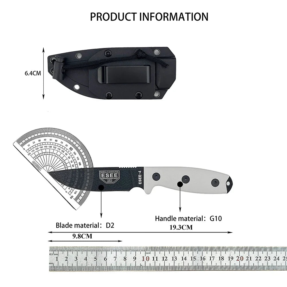 ESEE 4 EDC Straight Knife D2 Blade G10 Handle Kydex Sheath Jungle Adventure Camping Picnic Trekking Climbing Portable Fruit Cutting Tool Fishing Forest Exploration Mountain Trip Wild Camping Field Harvest Outdoor BBQ Handcraf
