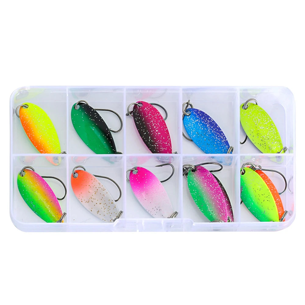 12Pcs Spinner Spoon Fake Trout Bait with Single Hook Sequins Hard Bait Colored Spinner Fishing Lure for Freshwater Saltwater