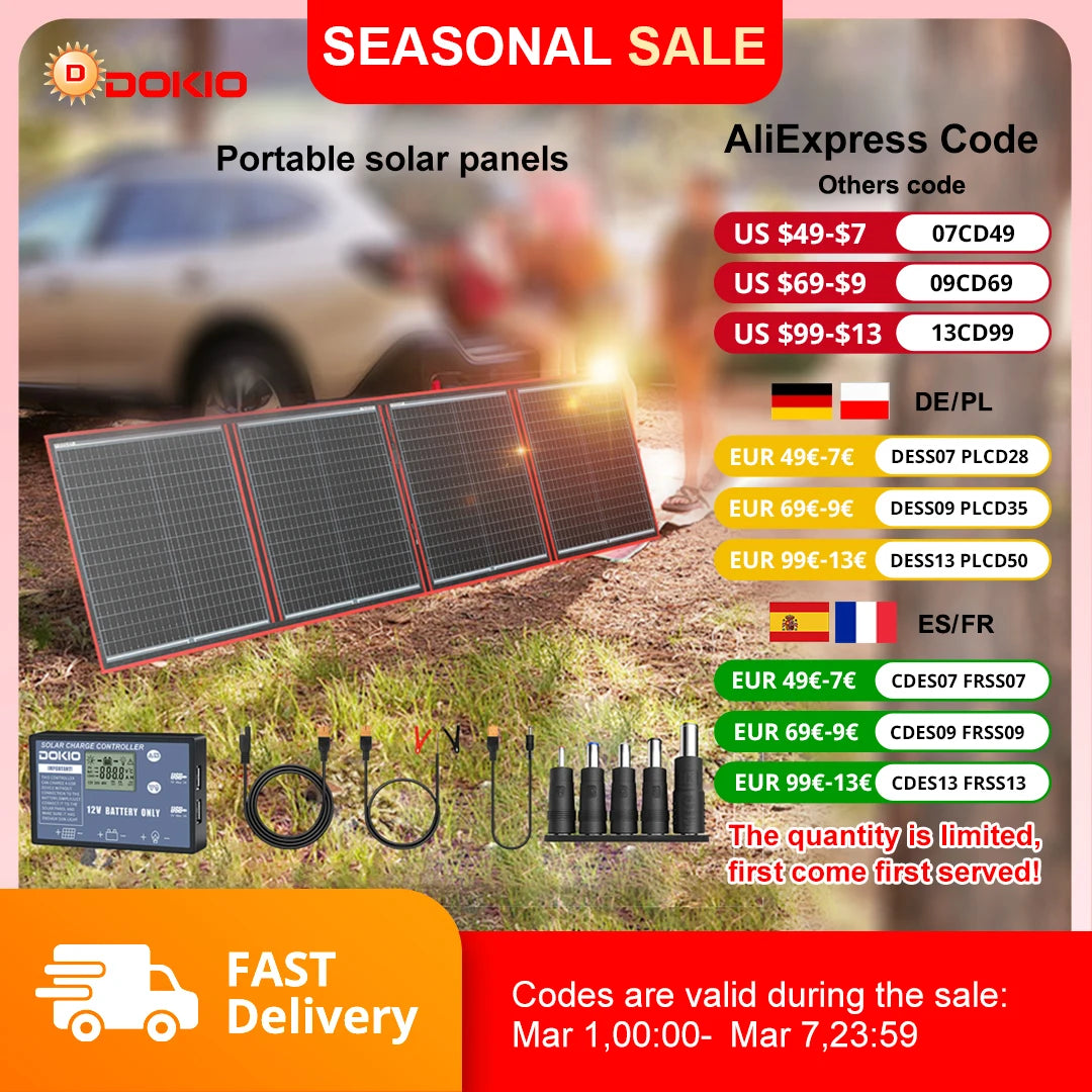 Dokio 100/160/200/300W Portable Flexible Foldable 18V Solar Panel with 12V Controller Kit for Camping Battery Charging