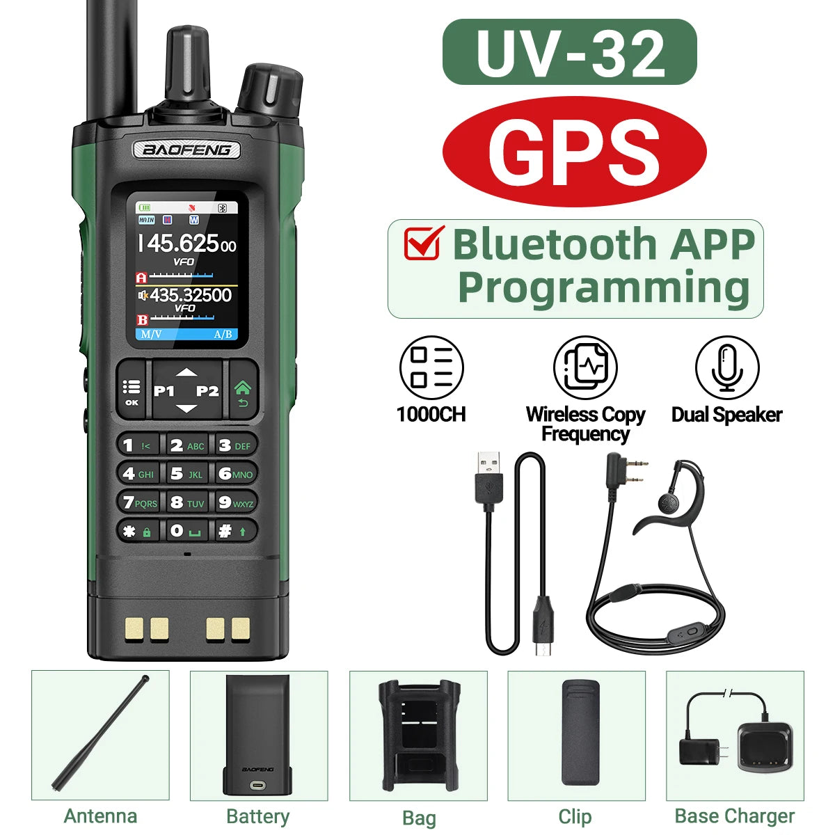 BAOFENG UV-32 GPS Walkie Talkie 10W Multi Band Bluetooth Programming Wireless Copy Frequency NOAA Long Range Ham Two Way Radio
