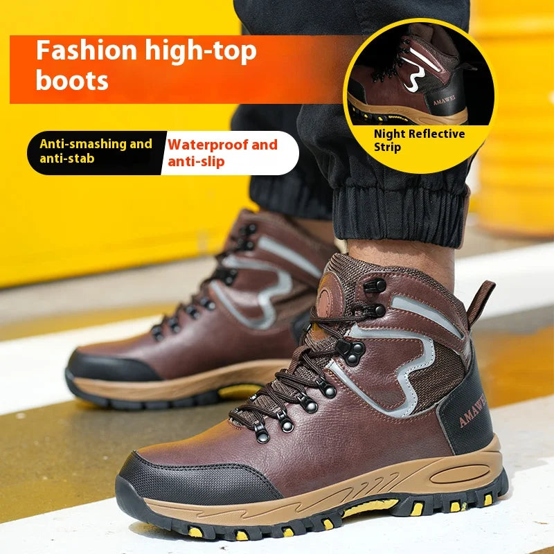 Waterpoof Leather Safety Shoes Men Steel Toe Work Shoes Anti-smash Anti-puncture Indestructible Shoes Protective Boots