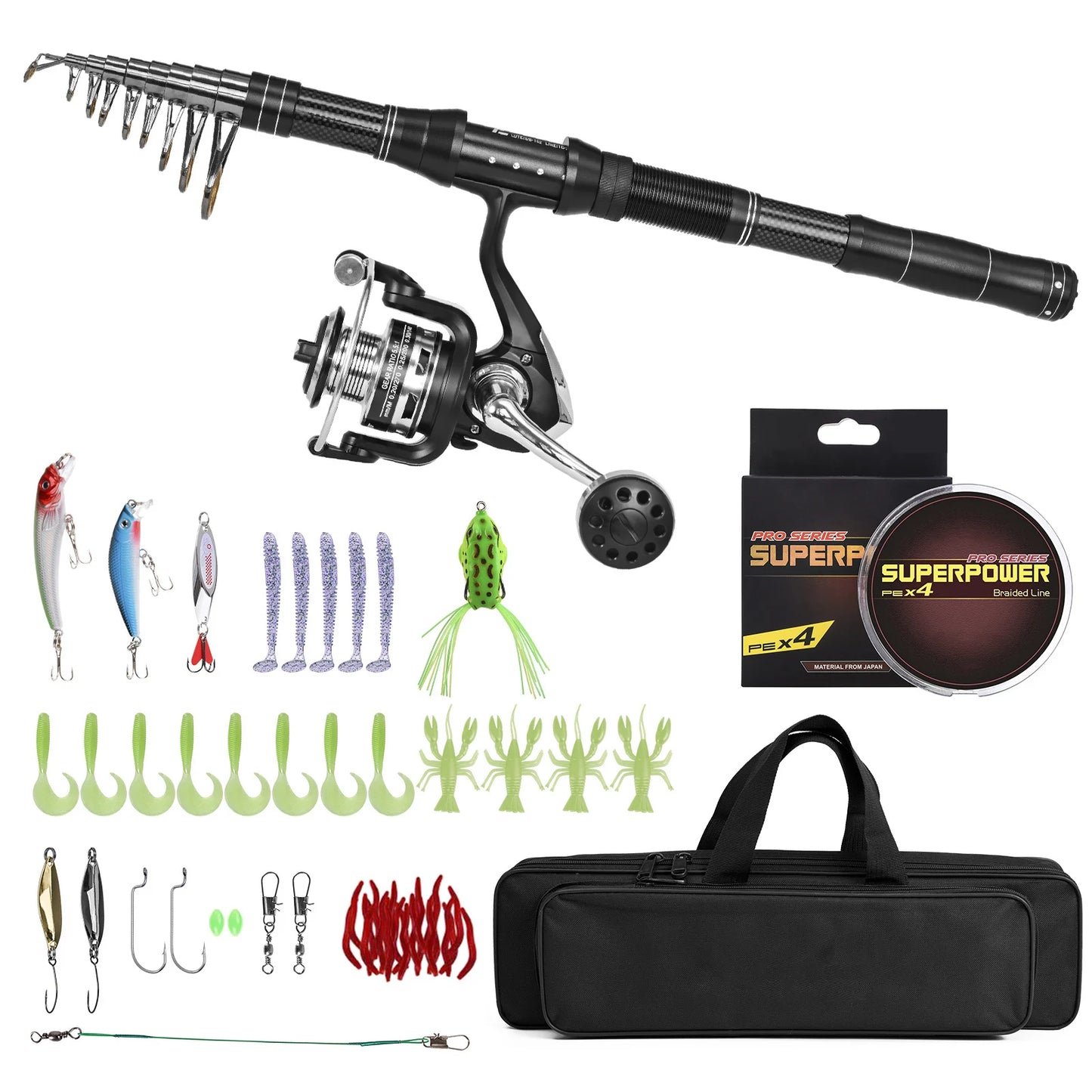 Fishing Rod with Lures Fishing Rod Kit Fishing Rod and Reel Combo Portable Fishing Rod With Fishing Line Lures Carry Bag