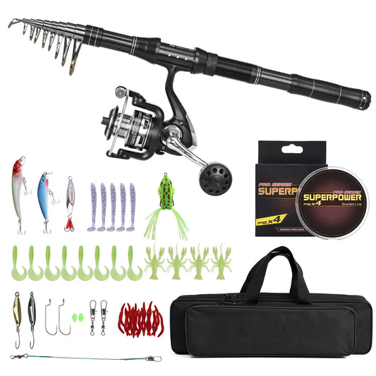 Fishing Rod with Lures Fishing Rod Kit Fishing Rod and Reel Combo Portable Fishing Rod With Fishing Line Lures Carry Bag