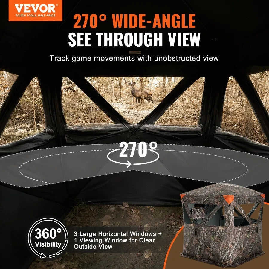 270 See Through Ground Blind for 2-3 Person Hunting Portable Resilient Pop Up Tent with Carrying Bag 3 Horizontal Windows Ideal