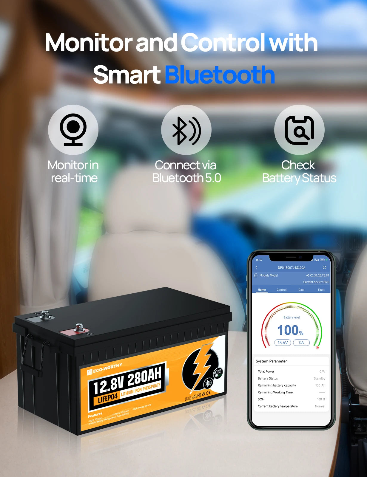 ECO-WORTHY 2Peak 12V 280Ah LiFePO4 RV Battery w/Bluetooth & Low Temp Cutoff - Built-in 200A BMS - Deep Cycle for Camper, Traile