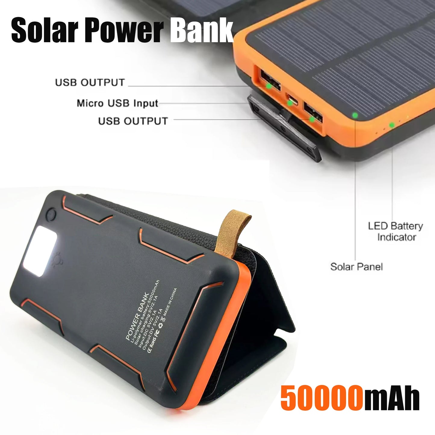 Solar Power Bank 50000mAH Folding Solar Panels 5V 2A USB Output Portable Outdoor Camping Sun Power For IPhone Android
