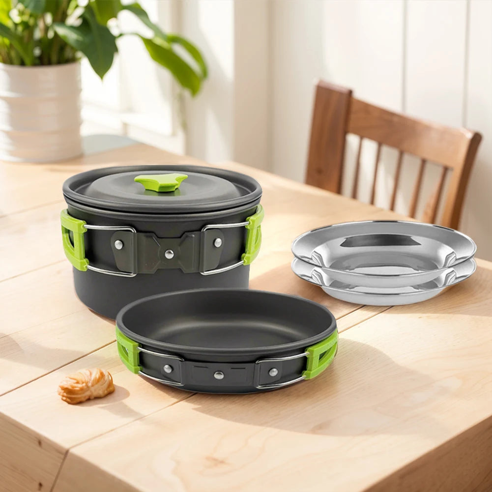 Camping Pot and Pan Set Foldable Spoon/Fork/Knife Outdoor Tableware Equipment Serves for 2-3 Person for Hiking Picnic