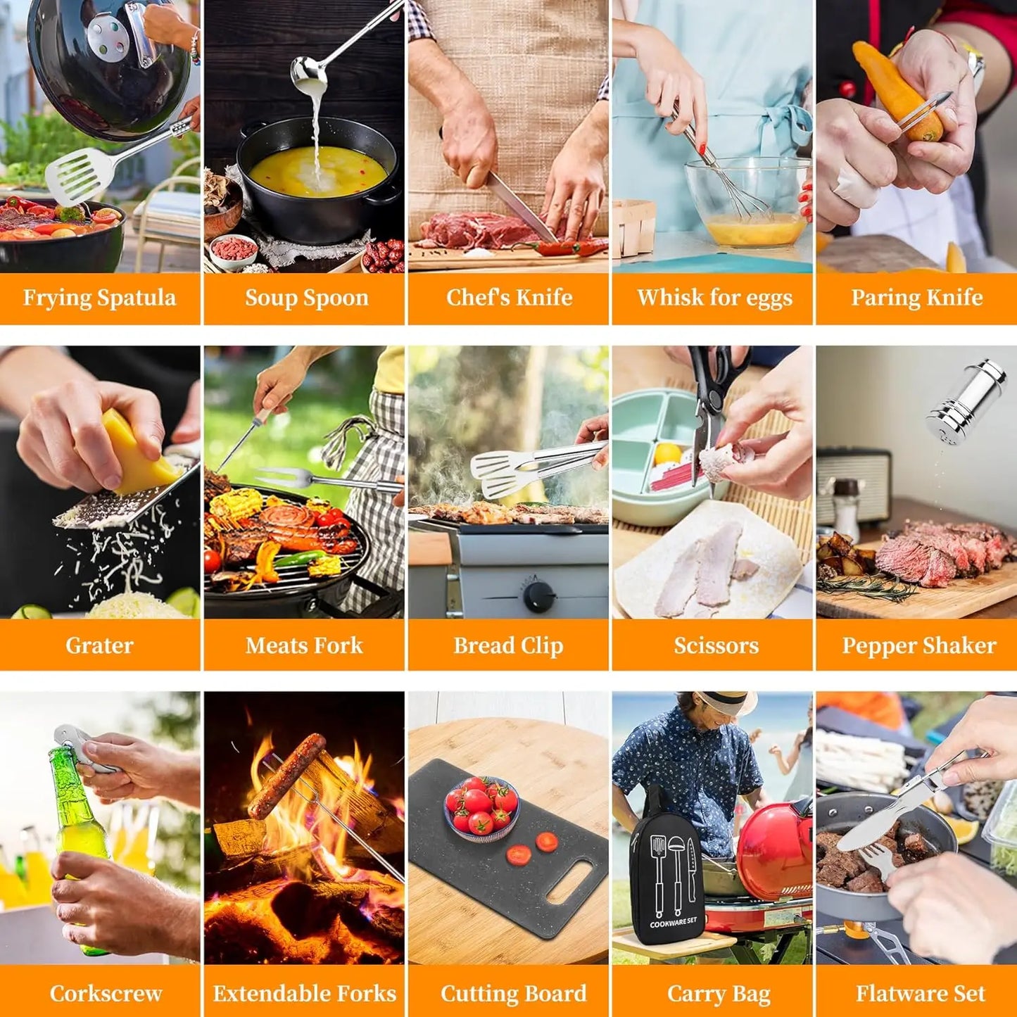 Stainless Steel Camping Cooking Utensils Set, Portable BBQ Grill Tools for Travel Picnic RV