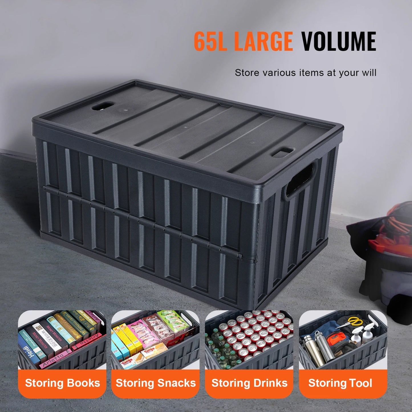 SucceBuy Set of 3 45L/65L Collapsible Storage Bins Folding Stackable Utility Garage Crates with Lids for Clothes Snack Grocery