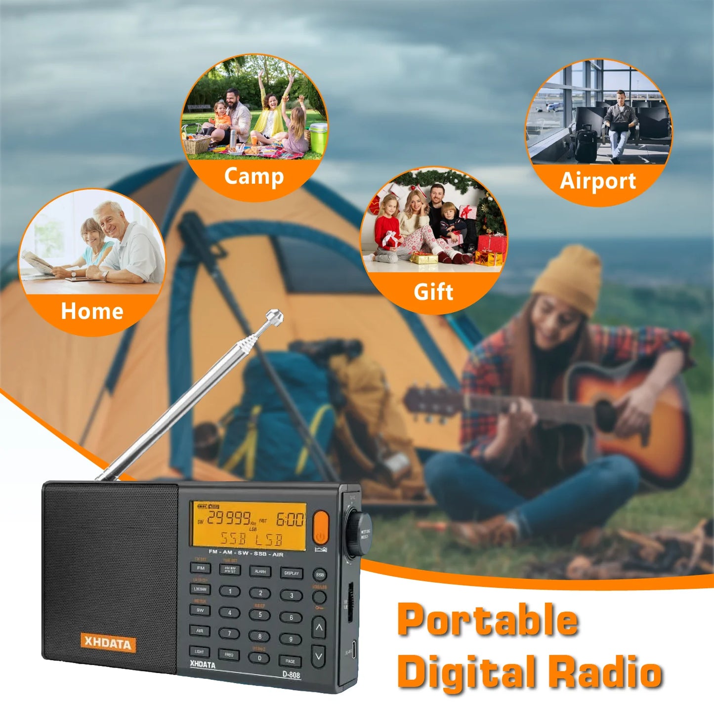 XHDATA D808 Professional AM FM SW MW AIR SSB RDS Radio Long Range Reception Portable Rechargeable Multiband Radio Stereo Sound
