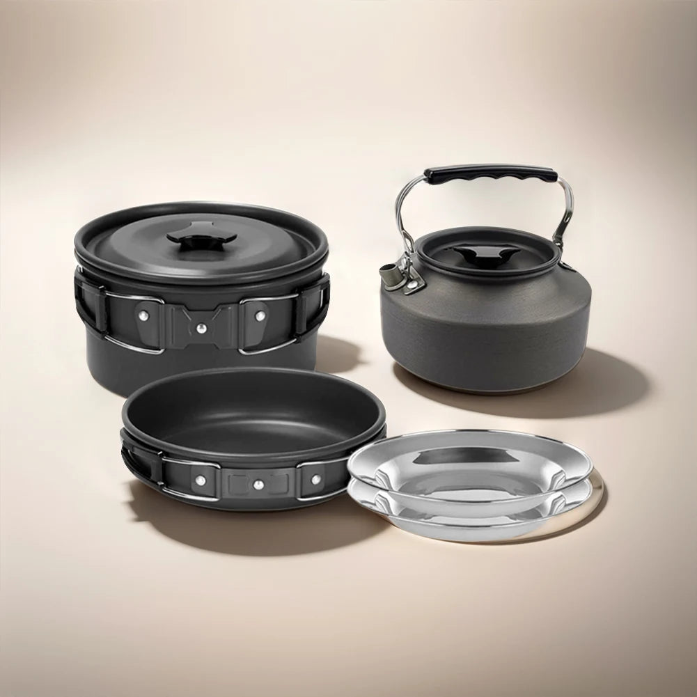 Camping Pot and Pan Set Foldable Spoon/Fork/Knife Outdoor Tableware Equipment Serves for 2-3 Person for Hiking Picnic