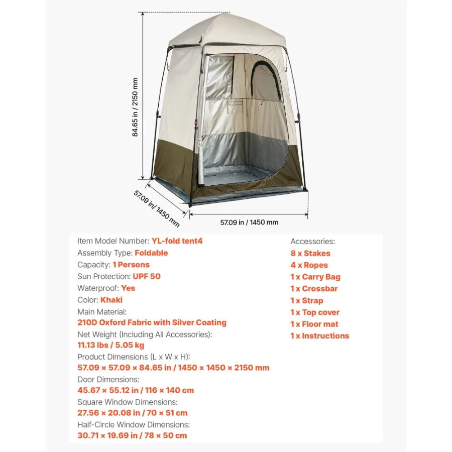 Portable Camping Shower Tent Single Room Foldable Privacy Shelter with Ground Stakes Ropes Carrying Bag and Crossbar Made of Du
