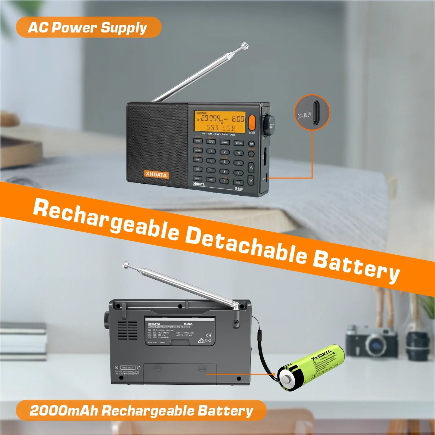 XHDATA D808 Professional AM FM SW MW AIR SSB RDS Radio Long Range Reception Portable Rechargeable Multiband Radio Stereo Sound