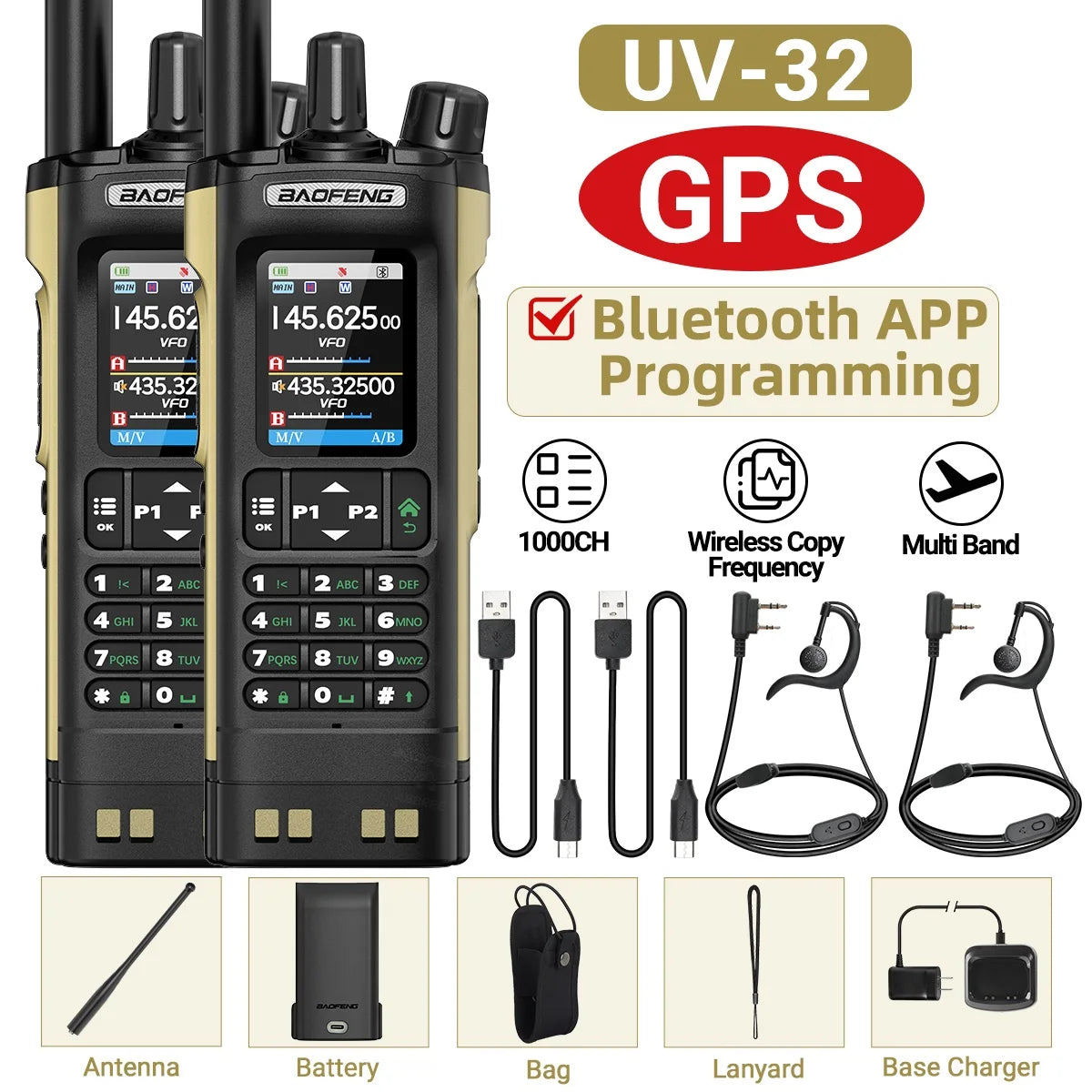 Baofeng UV-32 GPS Walkie Talkie 10W Long Range Multi Band Bluetooth APP Programming Wireless Copy Frequency Type-C Two Way Radio