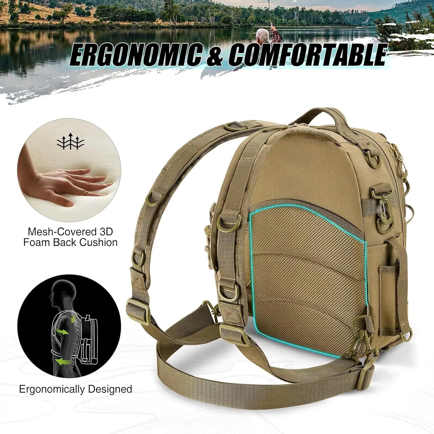 PiscifunFishing Tackle Backpack with Rod & Gear Holder, Lightweight Outdoor Water-Resistant Fishing Shoulder Storage Bag