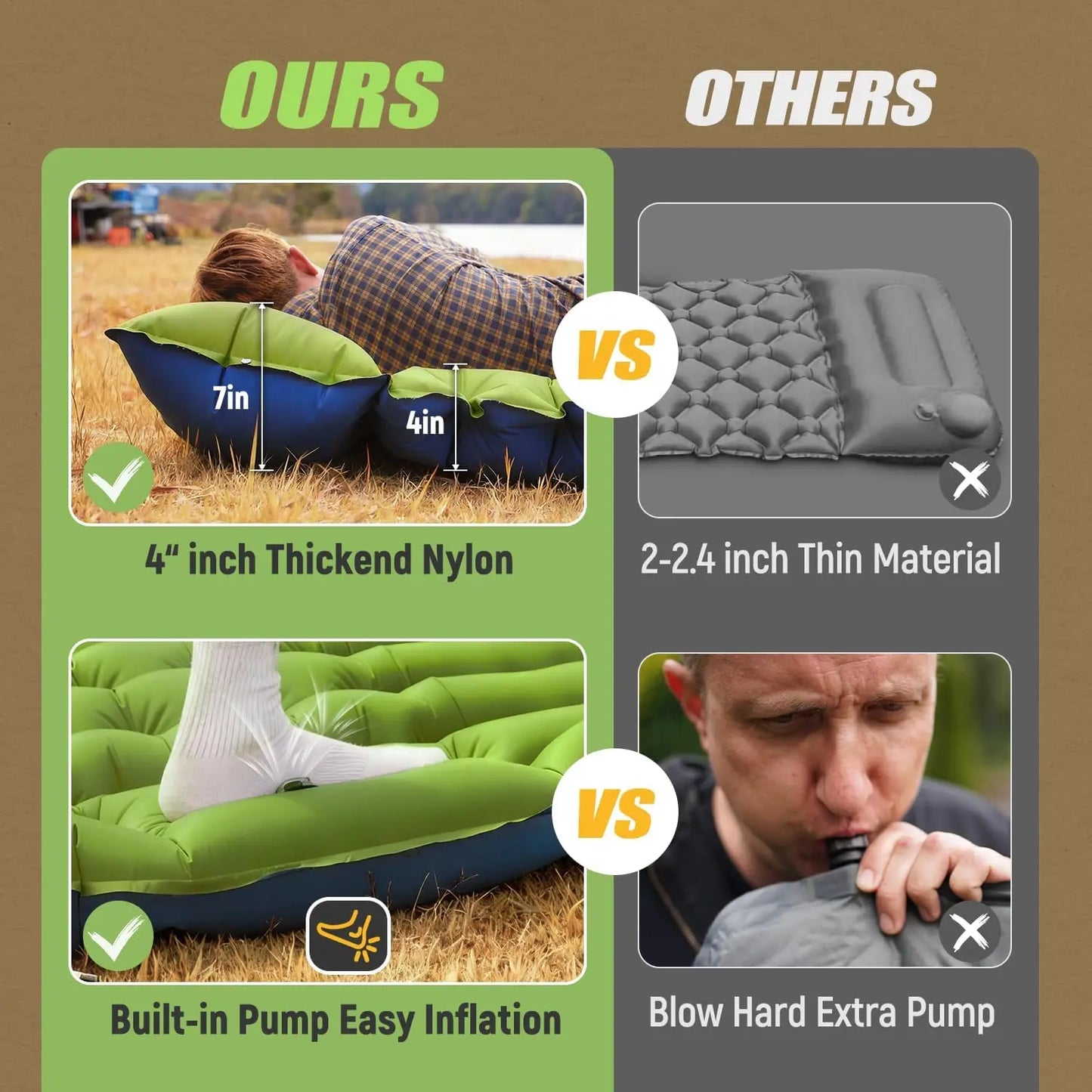 Self-Inflating 4" Thick Double Sleeping Pad with Built-in Pillow & Foot Pump for Camping Hiking Travel