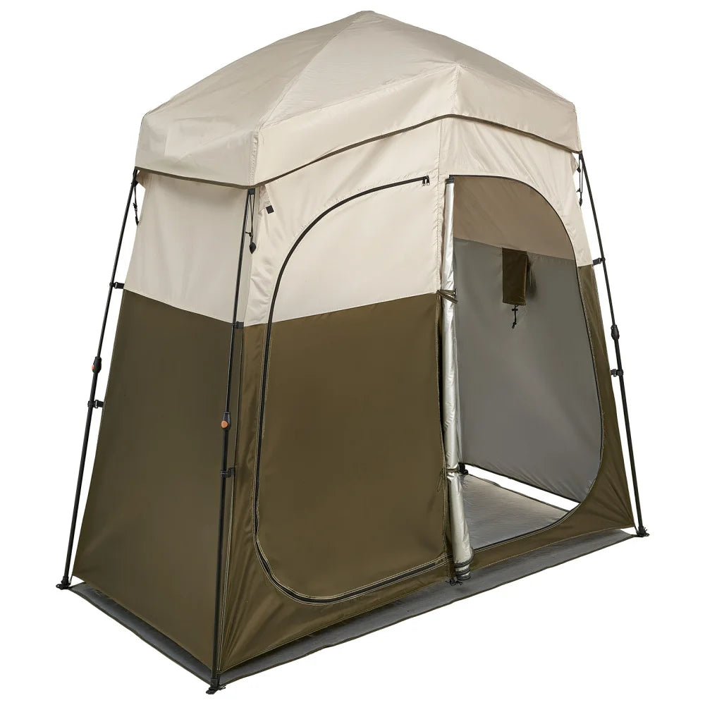 Camping Shower Tent, 2-Room Foldable Portable Privacy Tent Changing Room with Ground Stakes, Ropes, and Carry Bag, 150D Oxford Fabric with Silver Coating, for Camping, Beach, and Fishing