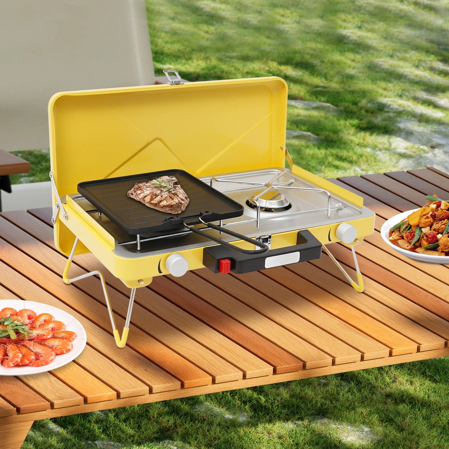 2-Burner Stainless Steel Camping Stove,Yellow/White Rectangular Portable Camping Stove Button+Knob for Outdoor Use