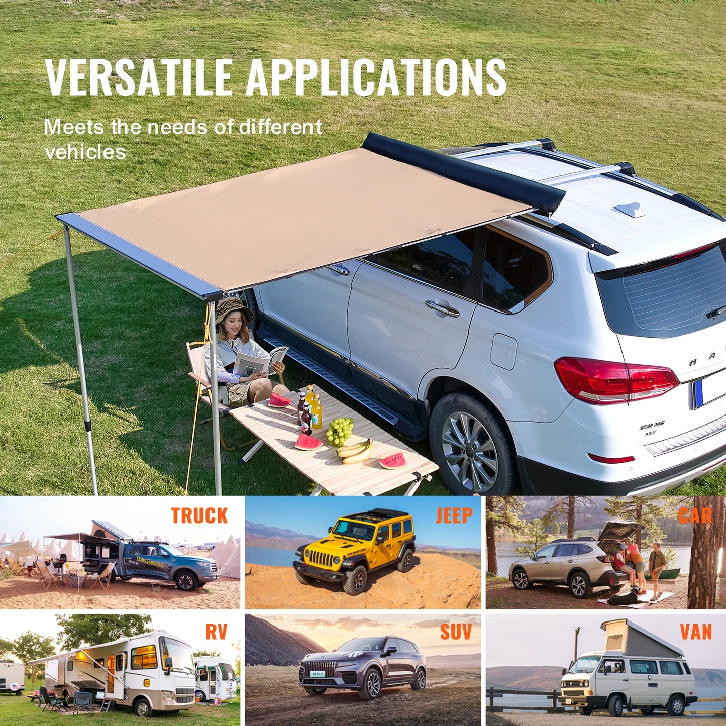 VEVOR Vehicle Awning  Retractable Car Side Awning Car Awning with Waterproof Storage Bag  Suitable for Truck SUV Van Campers