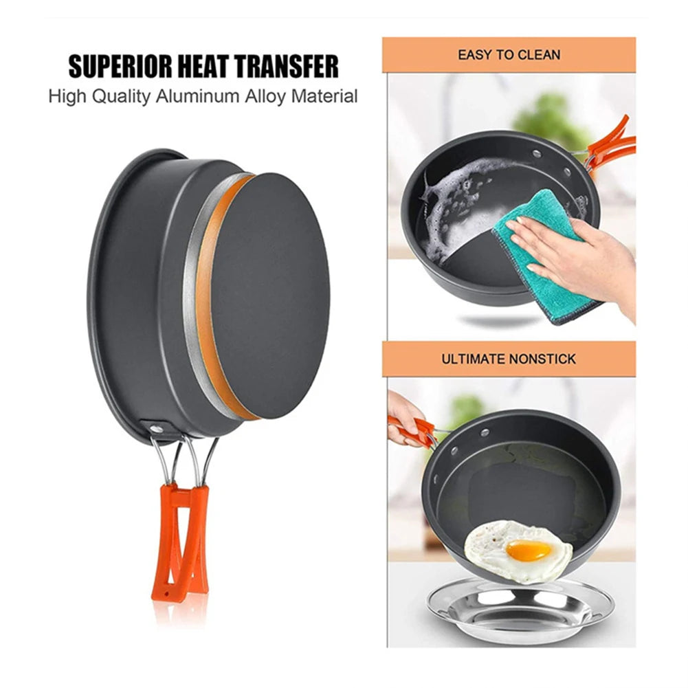 Camping Pot and Pan Set Foldable Spoon/Fork/Knife Outdoor Tableware Equipment Serves for 2-3 Person for Hiking Picnic