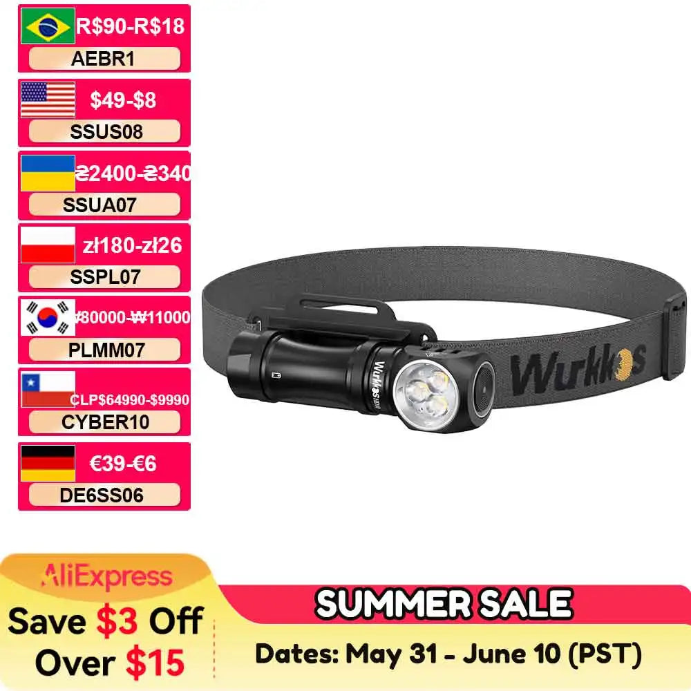 Wurkkos HD10 Headlamp Rechargeable 14500 IP68 Mini EDC 1200Lm 3* 90 CRI LEDs + 3* RGB Aux LEDs Anduril 2.0 Fishing Camping Torch