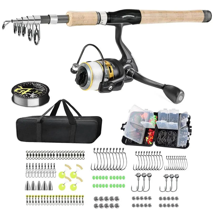 Fiber Fishing Pole Combo Set 2.1m 6.89ft Spinning Reel, 145pcs Accessories Kit for Saltwater amp Freshwater Fishing