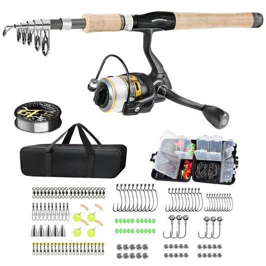 Fiber Fishing Pole Combo Set 2.1m 6.89ft Spinning Reel, 145pcs Accessories Kit for Saltwater amp Freshwater Fishing