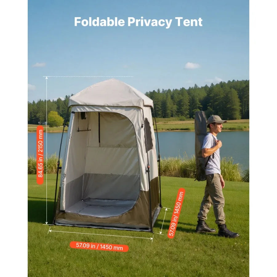 Portable Camping Shower Tent Single Room Foldable Privacy Shelter with Ground Stakes Ropes Carrying Bag and Crossbar Made of Du
