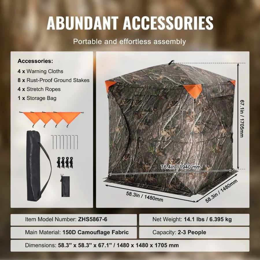 270 See Through Ground Blind for 2-3 Person Hunting Portable Resilient Pop Up Tent with Carrying Bag 3 Horizontal Windows Ideal