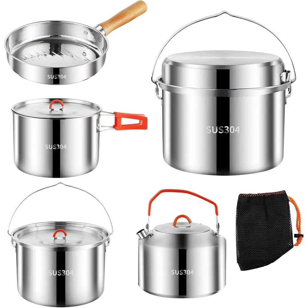 Camping Cookware Set,Camping Cooking Set,304 Stainless Steel Camping Pots and Pans Set,Durable Camping Gear with Kettle for Hiki