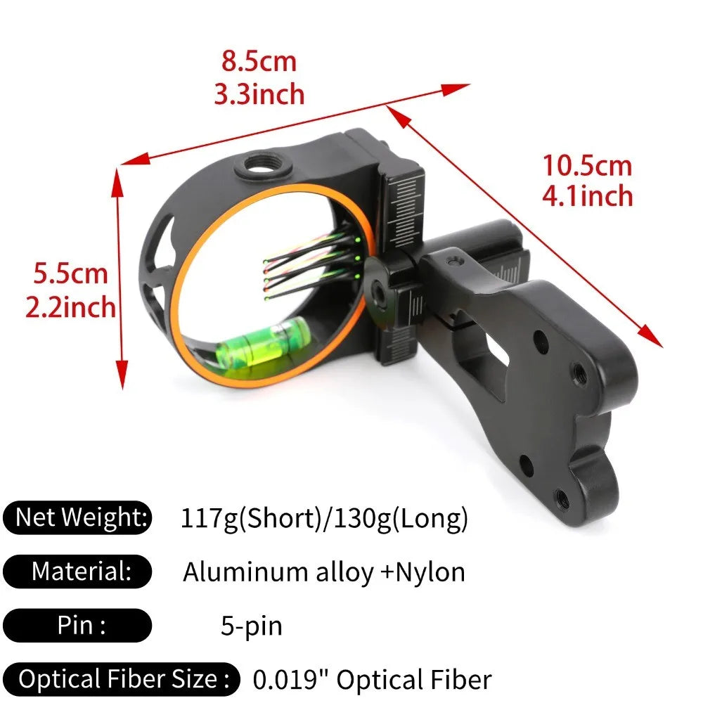 1pc Archery Compound Bow 5Pin Sight 0.019inch Optic Fiber Aluminium Bow Sight for Archery Hunting Shooting Targeting Aiming Tool