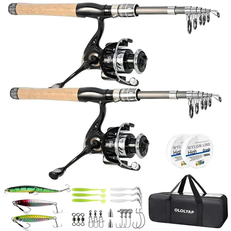 Pole Combo 2PCS Carbon Fiber Fishing Rod and Aluminum Reel Combos with Carrier Bag Sea Saltwater Freshwater Fishing Rod Reel Kit