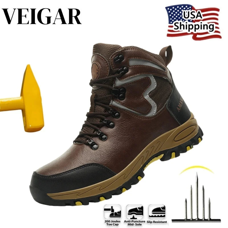 Waterpoof Leather Safety Shoes Men Steel Toe Work Shoes Anti-smash Anti-puncture Indestructible Shoes Protective Boots