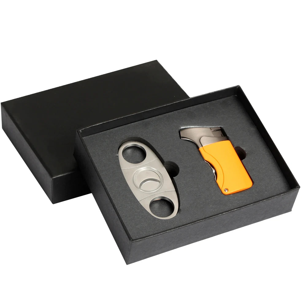 Windproof Butane Lighter Cutter Cigar Accessories Set Metal  Gas Torch Lighters Stainless Steel Sharp Cigar Cutter