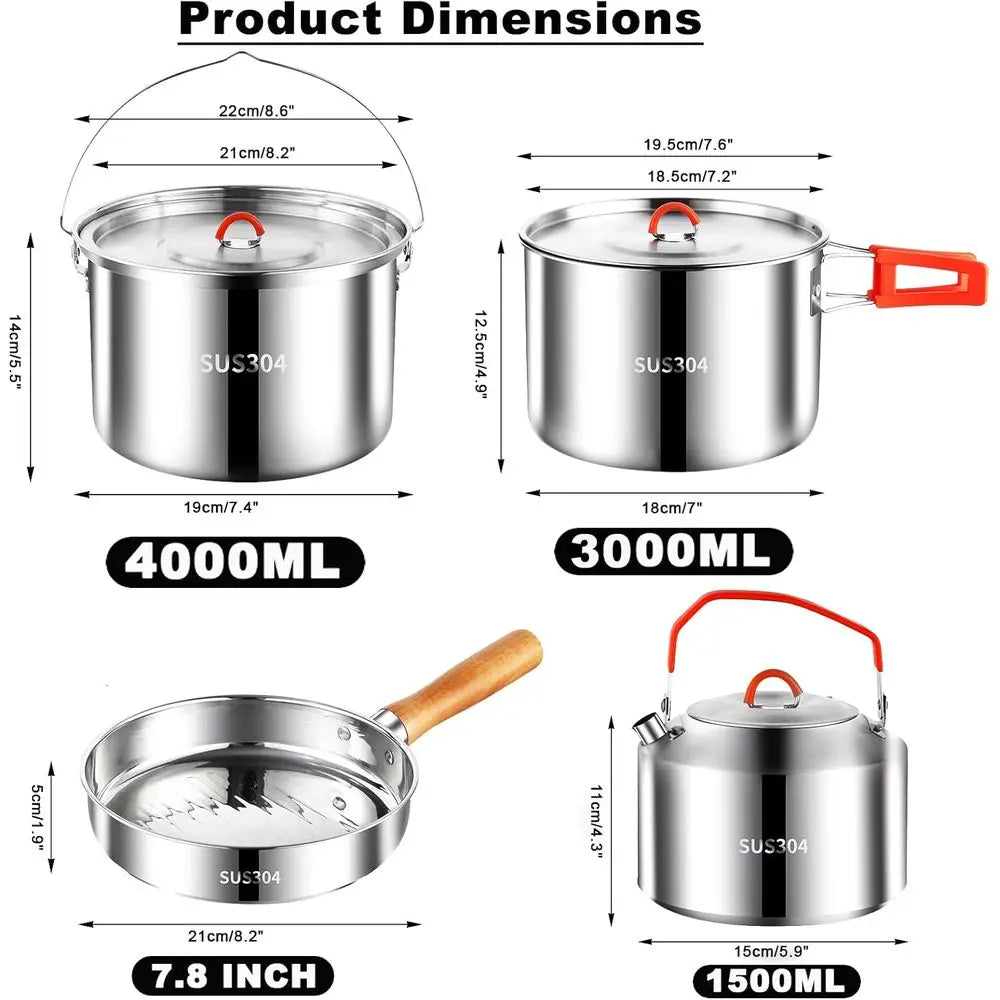 Camping Cookware Set,Camping Cooking Set,304 Stainless Steel Camping Pots and Pans Set,Durable Camping Gear with Kettle for Hiki