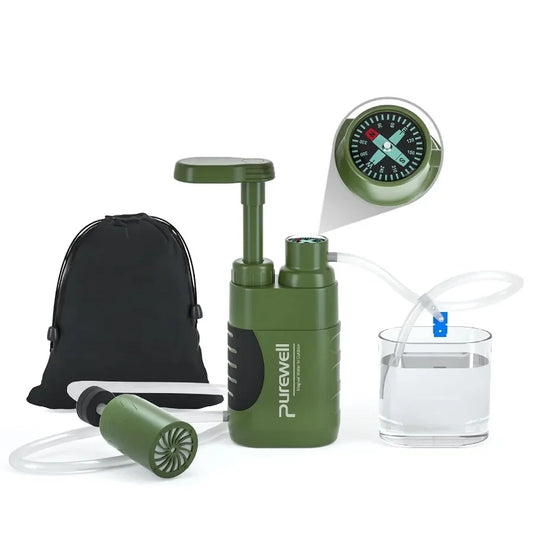 Portable Water Hand Purifier Pump with Replaceable 0.01 Micron Carbon Filter 4 Stages for Outdoor Emergency Survival Gear Green
