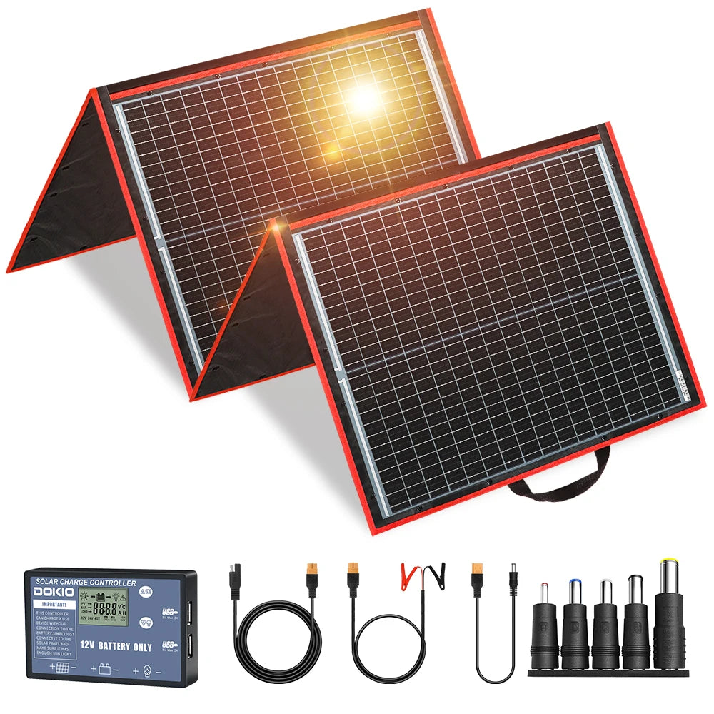 Dokio 100/160/200/300W Portable Flexible Foldable 18V Solar Panel with 12V Controller Kit for Camping Battery Charging