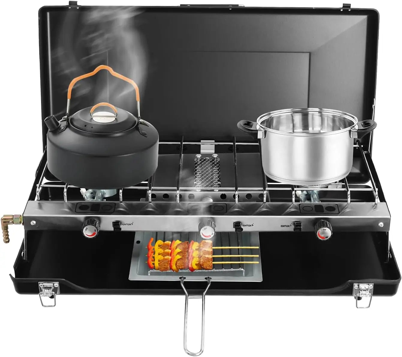 3-Burner Gas Camping Stove, 4500W Portable Outdoor Stove with Adjustable Flame, Foldable Design & Piezo Ignition, No Assembly Required