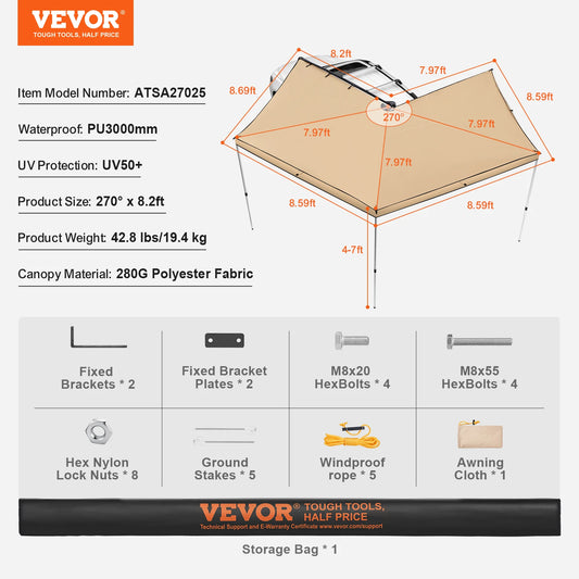 SucceBuy Vehicle Awning  Retractable Car Side Awning Car Awning with Waterproof Storage Bag  Suitable for Truck SUV Van Campers