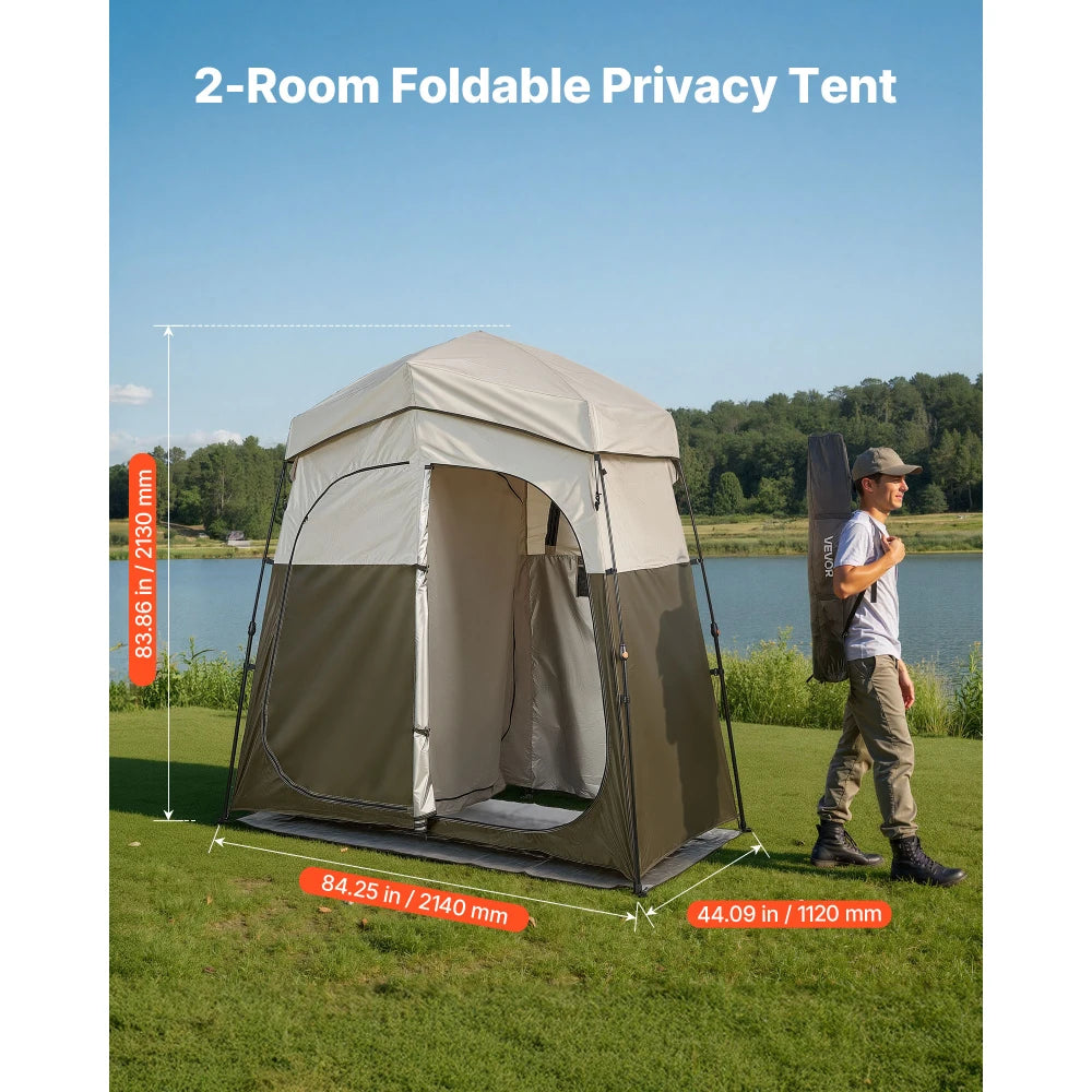 Camping Shower Tent, 2-Room Foldable Portable Privacy Tent Changing Room with Ground Stakes, Ropes, and Carry Bag, 150D Oxford Fabric with Silver Coating, for Camping, Beach, and Fishing