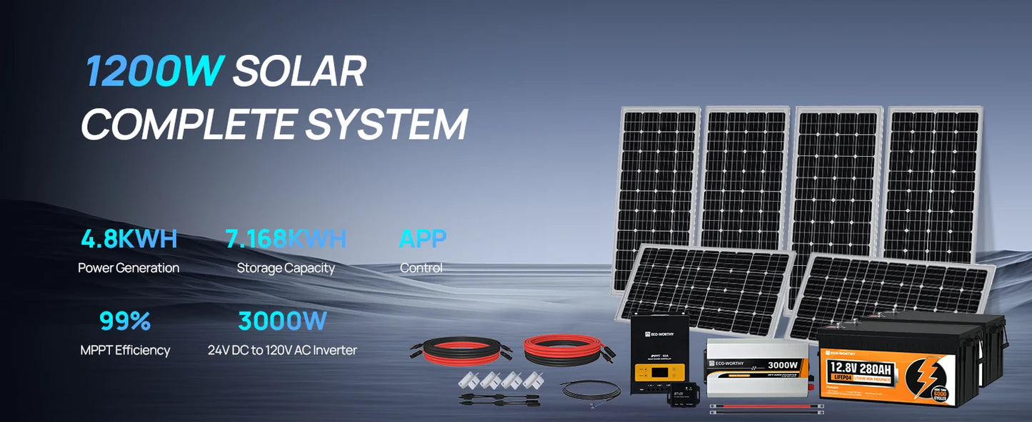 ECO-WORTHY 1200W Lithium Battery Solar System Off Grid:6pcs 195W Solar Panels+2Pcs 12.8V 280Ah Battery+60A MPPT+3000W Inverter