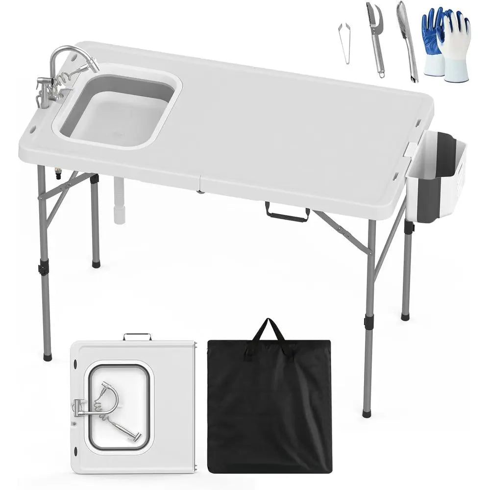 Fold in Half Folding Fish Cleaning Table with Sink, Foldable Protable Camping Sink Table with Drainage Hose & Fish Cleaning Kit,