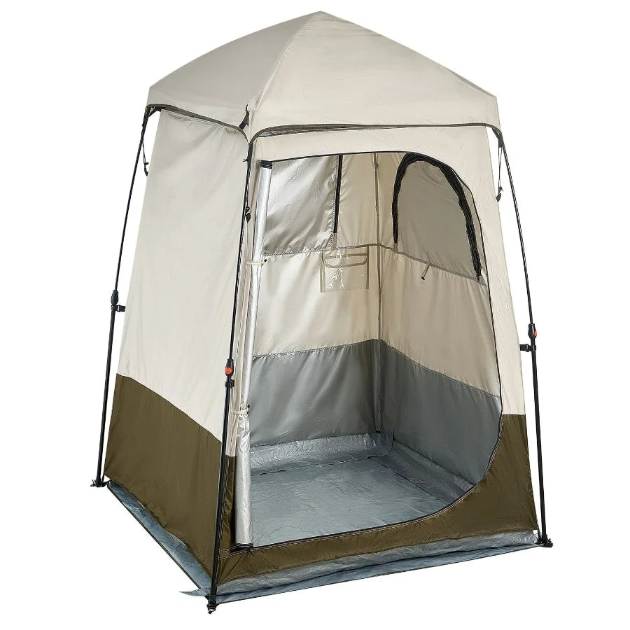 Portable Camping Shower Tent Single Room Foldable Privacy Shelter with Ground Stakes Ropes Carrying Bag and Crossbar Made of Du