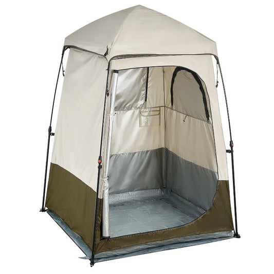 Portable Camping Shower Tent Single Room Foldable Privacy Shelter with Ground Stakes Ropes Carrying Bag and Crossbar Made of Du